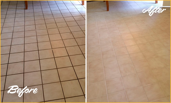Before and After Picture of a Norcross Kitchen Tile and Grout Cleaned to Remove Embedded Dirt