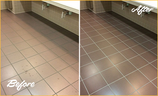 Before and After Picture of a Cumming Restrooms Tile and Grout Cleaned to Remove Embedded Dirt
