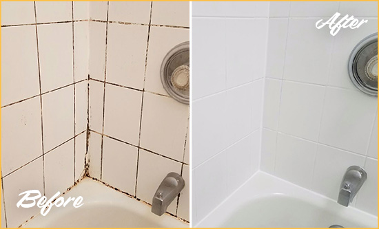 Before and After Picture of a Cumming Shower Tile and Grout Cleaned to Eliminate Mold
