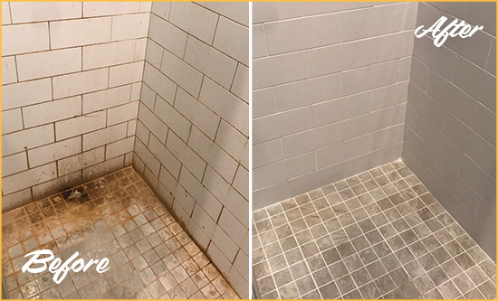 Before and After Picture of a Marietta Shower Tile and Grout Cleaned to Eliminate Mold and Stains