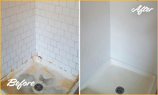 Before and After Picture of a Dunwoody Shower Tile and Grout Cleaned to Remove Soap Scum