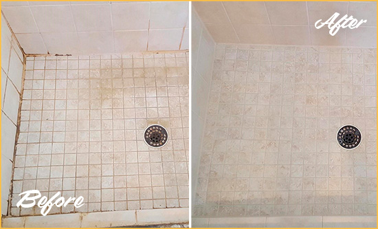 Before and After Picture of a Marietta Shower Caulked to Fix Cracks