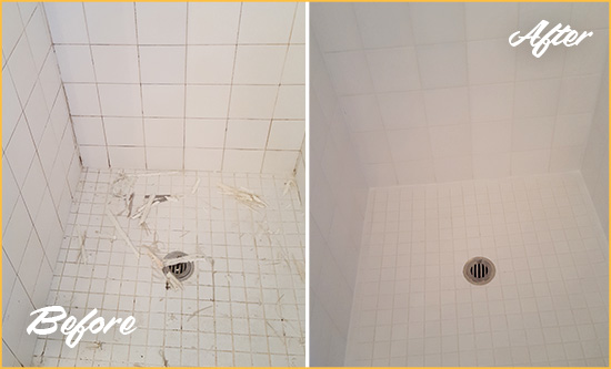 Before and After Picture of a Cumming Bathroom Re-Caulked To Repair Damaged Caulking