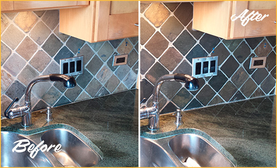 Before and After Picture of a Dunwoody Backsplash Caulked to Fix and Prevent Water Leaks