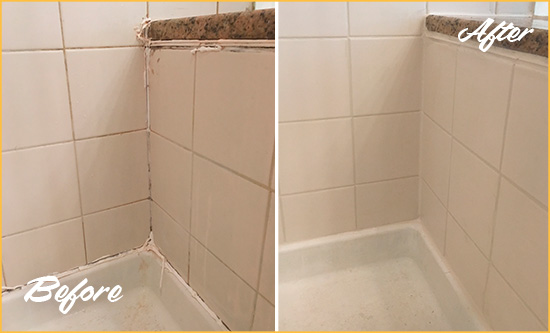 Before and After Picture of a Dunwoody Shower Caulked to Repair Damaged Caulking