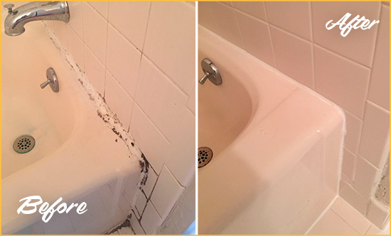 Before and After Picture of a Dunwoody Bathroom Sink Caulked to Fix a DIY Proyect Gone Wrong