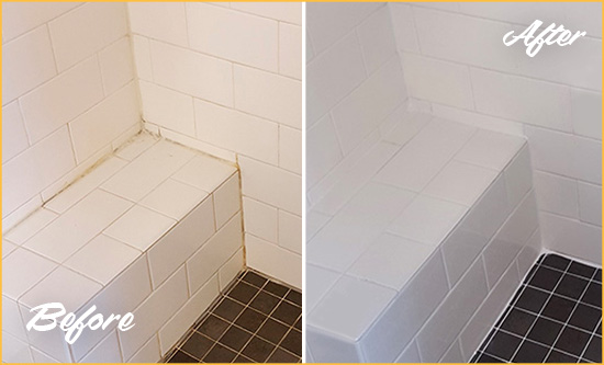 Before and After Picture of a Cumming Shower Seat Caulked to Protect Against Mold and Mildew Growth