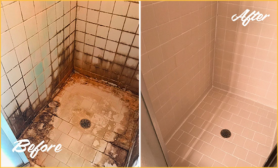 Before and After Picture of a Cumming Shower Caulked to Fix and Prevent Water Damage