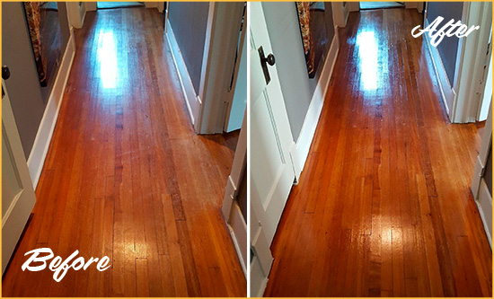 Before and After Picture of a Cumming Wood Sandless Refinishing Service on a Floor to Eliminate Scratches