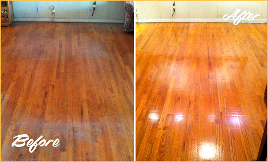 Before and After Picture of a Cumming Wood Sandless Refinishing Service on a Stained Floor