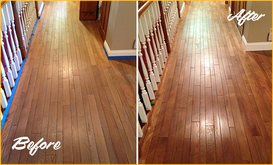 Before and After Picture of a Marietta Wood Sandless Refinishing Service on a Worn Out Floor