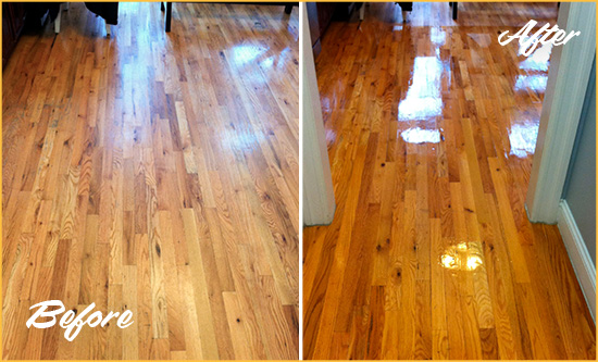 Before and After Picture of a Marietta Wood Sandless Refinishing Service on a Worn Out Hallway