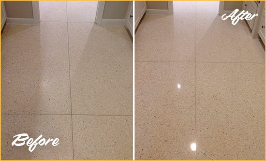 Before and After Picture of a Cumming Granite Stone Floor Polished to Repair Dullness