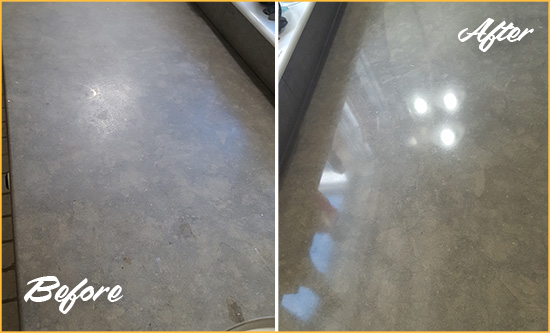 Before and After Picture of a Dull Dunwoody Limestone Countertop Polished to Recover Its Color