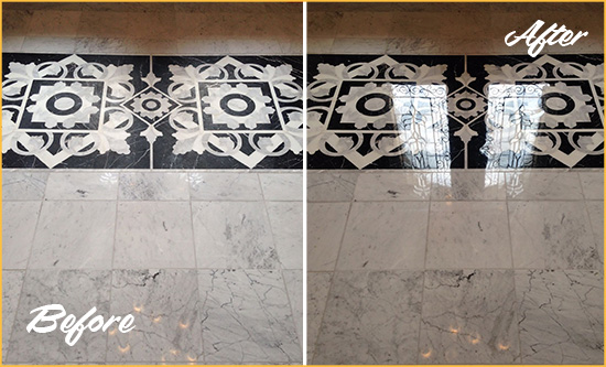 Before and After Picture of a Dunwoody Marble Stone Floor Polished to a Mirror Shine