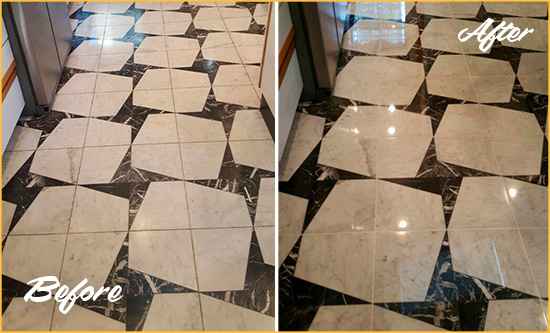 Before and After Picture of a Dull Dunwoody Marble Stone Floor Polished To Recover Its Luster