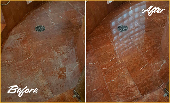 Before and After Picture of a Dunwoody Marble Stone Shower Polished to Eliminate Mineral Deposits