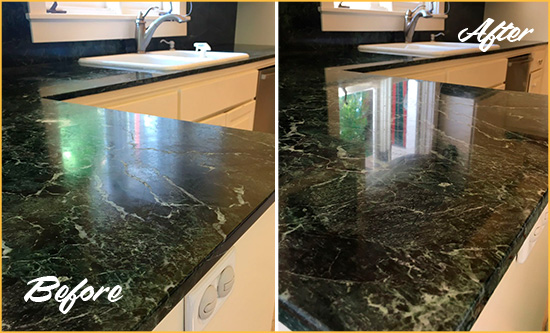 Before and After Picture of a Marietta Marble Stone Counter Polished to Eliminate Water Marks