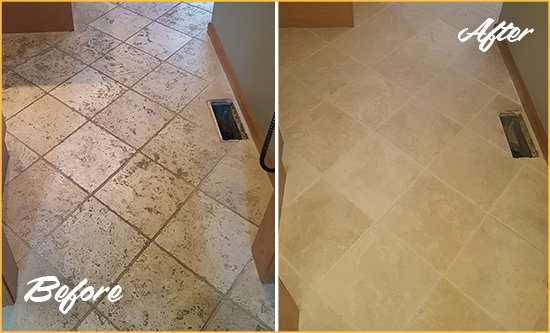 Before and After Picture of a Marietta Kitchen Marble Floor Cleaned to Remove Embedded Dirt