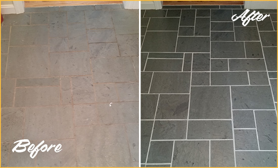 Before and After Picture of a Dunwoody Slate Floor Cleaned to Remove Deep-Seated Dirt