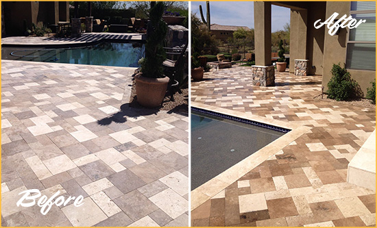 Before and After Picture of a Dull Dunwoody Travertine Pool Deck Cleaned to Recover Its Original Colors