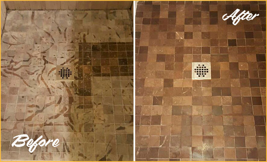 Before and After Picture of a Stained Cumming Marble Shower Floor Cleaned to Remove Etching