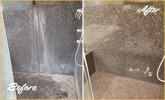 Before and After Picture of a Cumming Granite Shower Cleaned to Remove Mineral Deposits