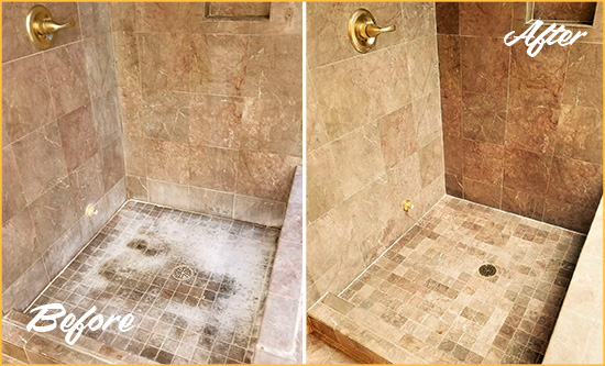 Before and After Picture of a Marietta Travertine Shower Cleaned to Eliminate Water Spots