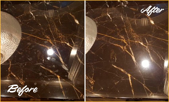 Before and After Picture of a Cumming Marble Countertop Cleaned to Remove Water Spots