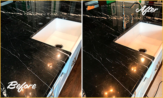Before and After Picture of a Cumming Marble Kitchen Countertop Stone Sealed to Avoid Water Damage