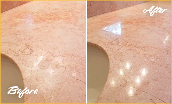Before and After Picture of a Cumming Marble Stone Vanity Top Sealed to Avoid Water Marks