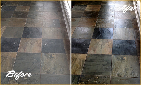 Before and After Picture of a Dunwoody Slate Stone Floor Sealed to Eliminate Dullness