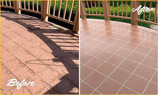 Before and After Picture of a Dallas Hard Surface Restoration Service on a Tiled Deck