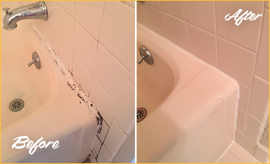 Before and After Picture of a Pendergrass Hard Surface Restoration Service on a Tile Shower to Repair Damaged Caulking