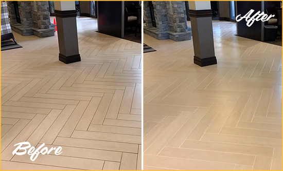 Before and After Picture of a Hiram Hard Surface Restoration Service on an Office Lobby Tile Floor to Remove Embedded Dirt