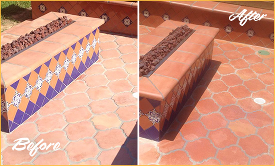 Before and After Picture of a Stone Mountain Hard Surface Restoration Service on a Dull Terracotta Patio Floor to Recover Its Color
