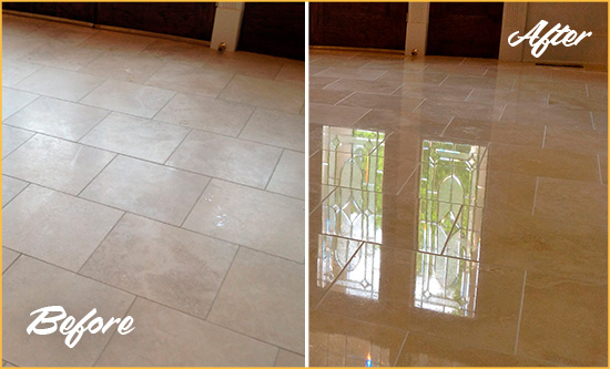 Before and After Picture of a Hoschton Hard Surface Restoration Service on a Dull Travertine Floor Polished to Recover Its Splendor