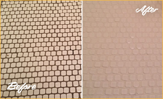 Before and After Picture of a Alto Hard Surface Restoration Service on a Bathroom Tile Floor Recolored to Fix Grout Color