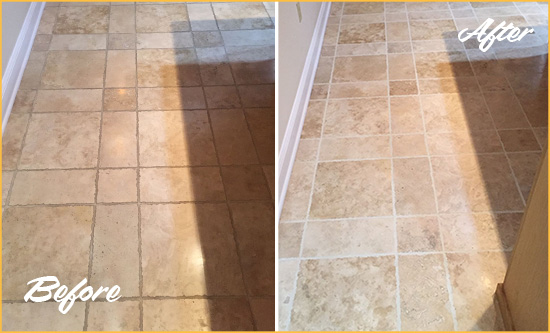 Before and After Picture of Cumming Kitchen Floor Grout Cleaned to Recover Its Color