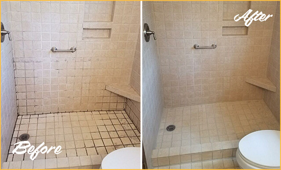 Before and After Picture of a Cumming Shower Grout Cleaned to Remove Mold