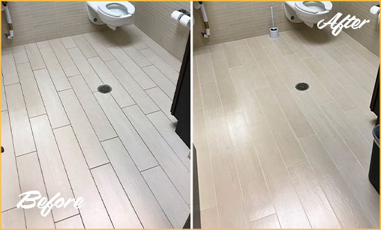 Before and After Picture of a Dunwoody Office Restroom's Grout Cleaned to Remove Dirt