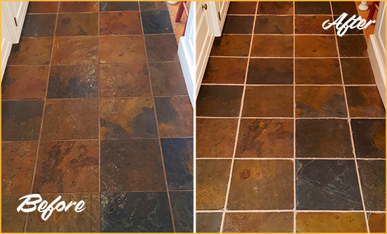 Before and After Picture of Cumming Slate Floor Grout Cleaned to Remove Dirt