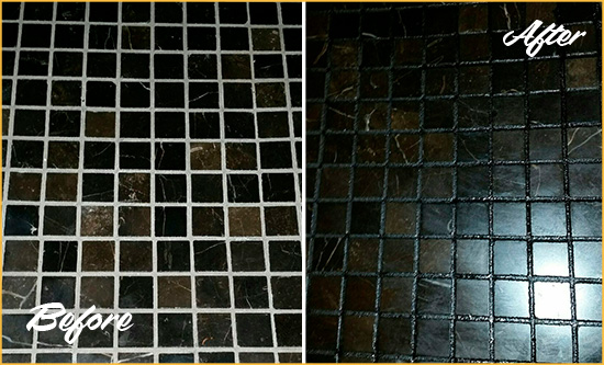 Before and After Picture of a Cumming Black Floor with Recolored Grout
