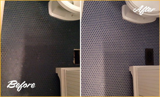 Before and After Picture of a Marietta Blue Tile Floor Recolored Grout