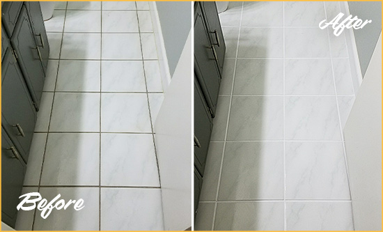 Before and After Picture of a Marietta White Ceramic Tile with Recolored Grout