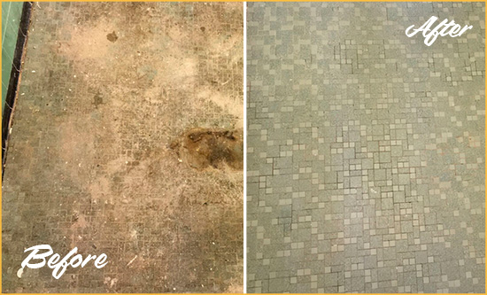 Before and After Picture of a Cumming Mosaic Shower Cleaned to Eliminate Embedded Dirt
