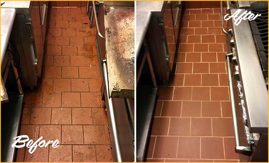 Before and After Picture of a Dull Dunwoody Restaurant Kitchen Floor Cleaned to Remove Grease Build-Up