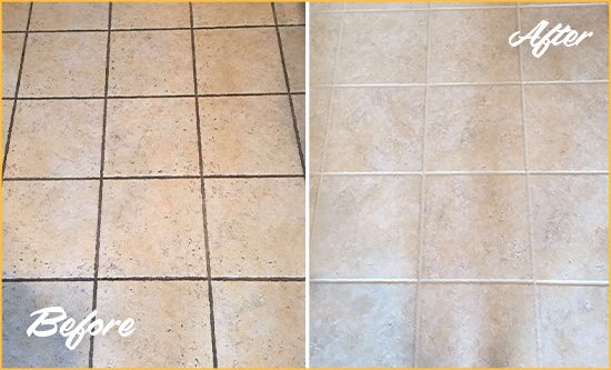 Before and After Picture of a Cumming Ceramic Floor Cleaned to Remove Soil